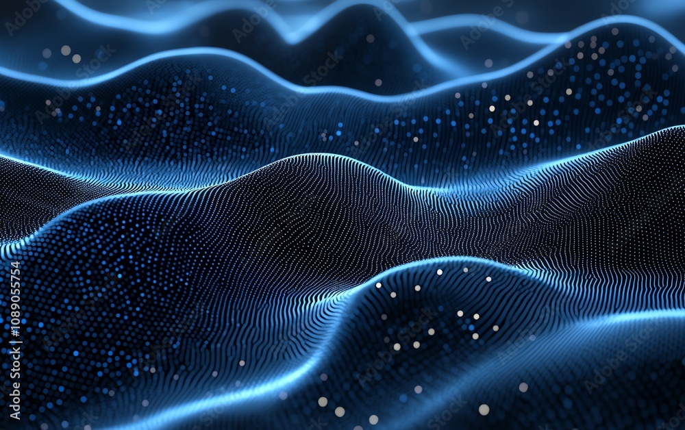 Aufkleber Dark blue background with digital waves and glowing dots, representing blockchain technology, abstract big data network connections, futuristic design