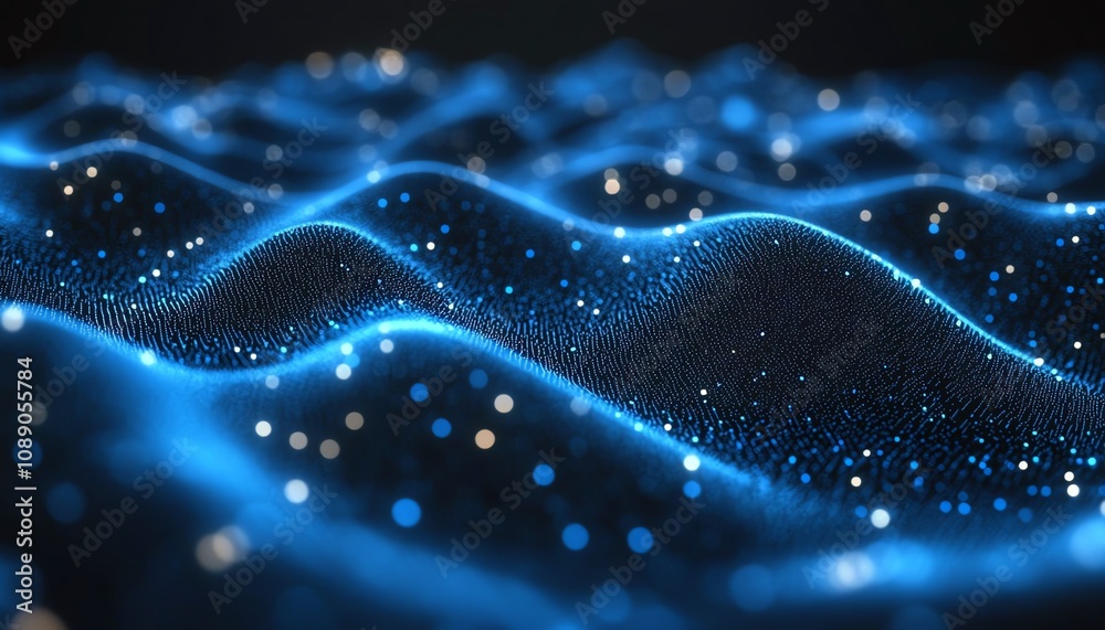 Fototapete dark blue background with glowing digital waves and dots, symbolizing blockchain technology, abstrac