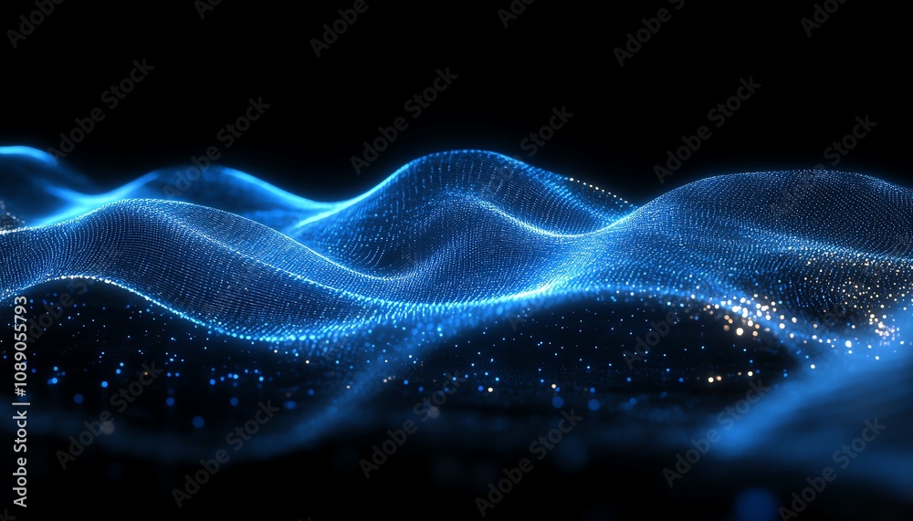 Fototapete dark blue background with glowing digital waves and dots, symbolizing blockchain technology, abstrac