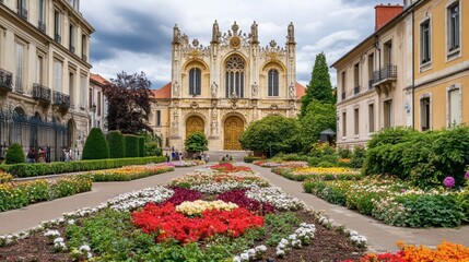 Beautiful Flower Garden in Front of Historic Architecture Under Cloudy Sky with Lush Greenery Surrounding Brightly Colored Blooms and Ornate Building Facade