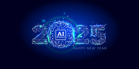 Happy new year 2025 design with Futuristic technology AI artificial intelligence concept.
