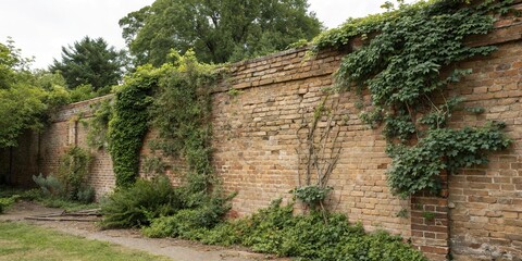 Obraz premium Weathered brick wall with vines and shrubs, natural growth, overgrown vegetation