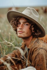 Obraz premium fashionable man in a hat and casual style in the countryside..