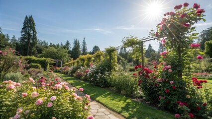 A lush garden filled with colorful blooms and towering rose bushes under a radiant sunny sky, flowers, blossoms, greenery, colorful, foliage