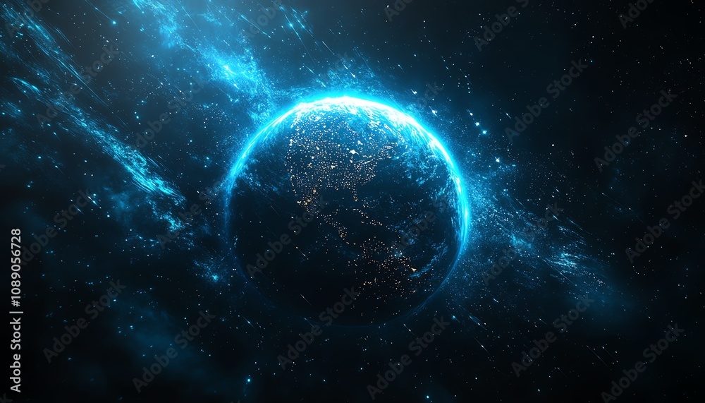 Aufkleber digital earth planet with blue glowing lights, network and global connectivity on tech background, f
