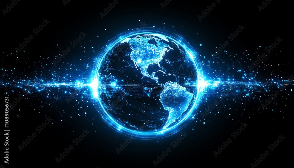 Aufkleber digital earth planet with blue glowing lights, network and global connectivity on tech background, f