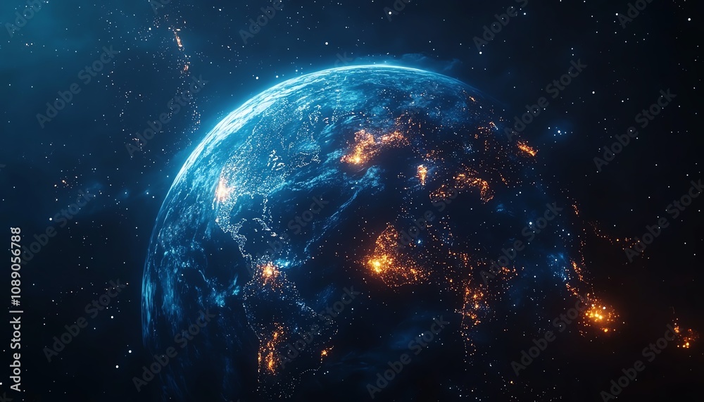 Aufkleber digital earth planet with blue glowing lights, network and global connectivity on tech background, f