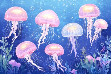 Watercolor  illustration lullaby theme, A vibrant underwater scene featuring multiple jellyfish with glowing bodies, gracefully floating amidst colorful marine plants and bubbles.