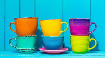 Composition of bright colorful ceramic mugs