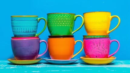 Composition of bright colorful ceramic mugs