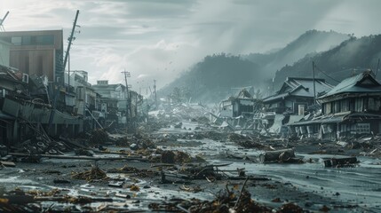 Powerful tsunami waves crashing into a ruined cityscape, leaving destruction and debris in their wake