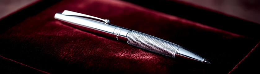 Naklejka premium A luxurious silver pen resting on a rich red velvet surface, highlighting elegance and sophistication.