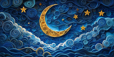 quilled moon and stars with swirling patterns, creating a dreamy night sky. 