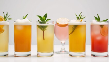 A collection of 6 varied citrus fruit cocktails served with mint and fruit garnishes