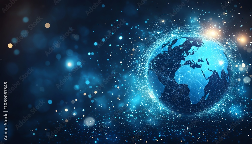 Poster digital representation of earth on technology background, glowing blue lights, global connectivity, 