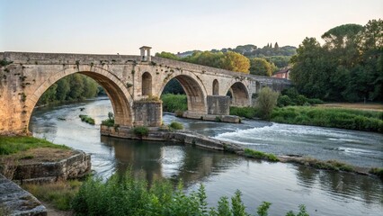 Naklejka premium Ancient stone bridge over a serene river, rural bridge, stone bridge, gentle streams