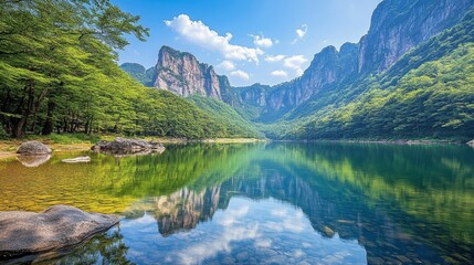 Fototapeta premium Serene Mountain Landscape with Clear Reflection in Tranquil Lake Surrounded by Lush Green Trees and Majestic Peaks Beneath a Bright Blue Sky