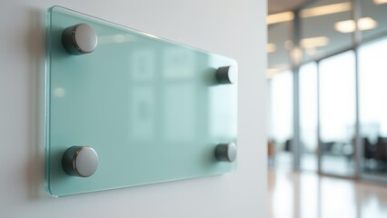 Elegant glass nameplate with curved edges, attached with metallic holders, featured on an office wall near a bright window.