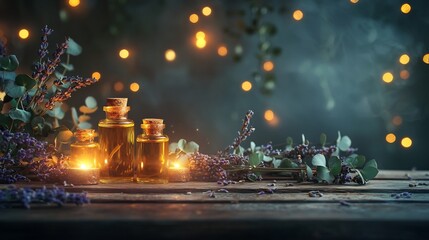 Vintage Wooden Table with Glowing Glass Bottles of Essential Oils and Dried Botanical Accents