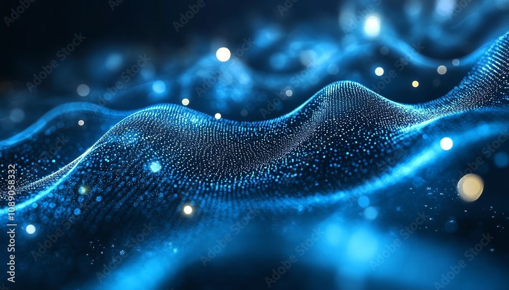 Fototapete digital waves on dark blue background, glowing dots symbolizing blockchain technology, abstract repr