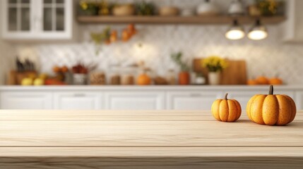 Fototapeta premium Two pumpkins on a wooden table. The table is in a kitchen. There are many other items in the kitchen, including a bowl, a knife, and a bottle