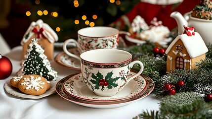 Fototapeta premium A table with a Christmas theme, featuring a white plate with a red