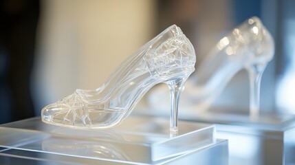 Stunning Transparent High Heel Shoe Displayed Elegantly on Pedestal Showcasing Modern Design and Fashion Innovation in Retail Environment