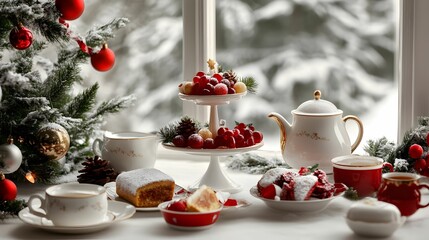 Fototapeta premium A table with a teapot, cups, and plates of food