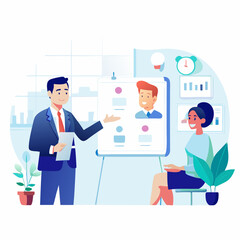 Fototapeta premium Business meeting with a man presenting to a woman in front of a flip chart with copy space 