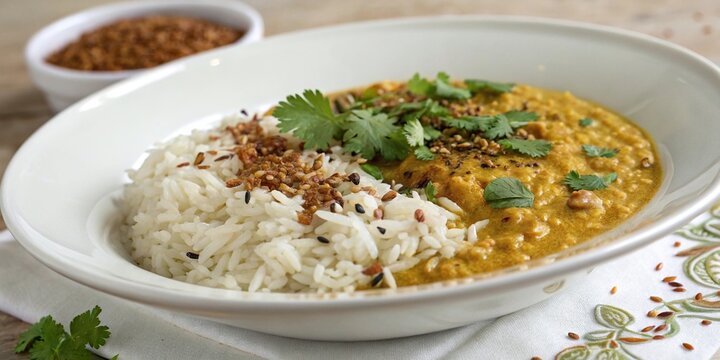 Aromatic basmati rice and dal curry served in a shallow bowl on a white plate, with a sprinkle of toasted cumin seeds and chopped cilantro leaves, aromatic, dal curry, dinner