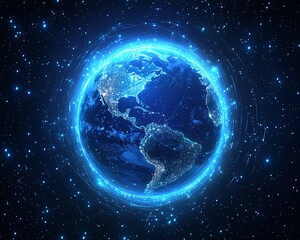 Obraz premium Planet Earth in digital form on technology background, blue glowing lights, network connections, global connectivity, futuristic tech concept