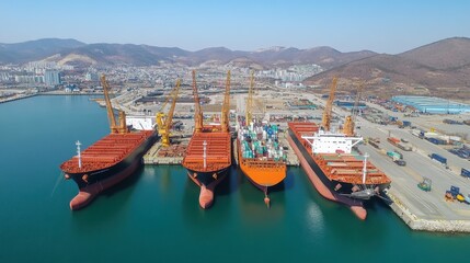 Obraz premium Aerial View of Large Cargo Ships Docked in Port with Cranes and Mountains in the Background Under Clear Sky