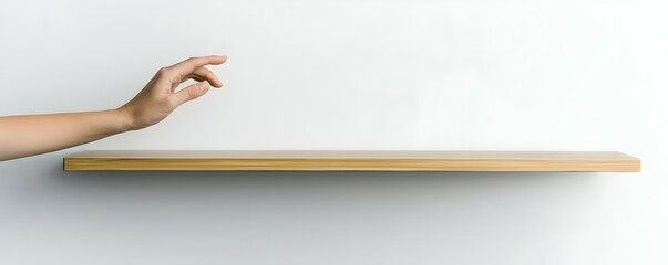 Reaching for Potential Hand Stretching Toward Empty Space on Minimalistic High Shelf - Ideal for Inspirational Themes and Clean Design Layouts