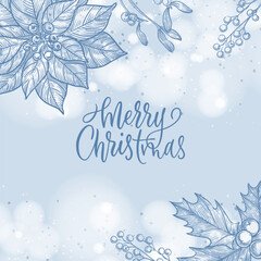 Christmas blue snowy background with holly plants. Vector hand drawn sketch illustration. Holiday banner, poster design