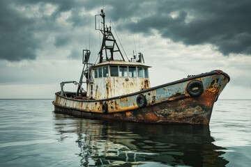 Fototapeta premium Rustic fishing boat under a cloudy sky, reflecting on calm ocean waters, showcasing weathered beauty and maritime charm.