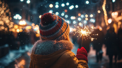 Child holding a lit sparkler, celebrating New Year’s Eve.