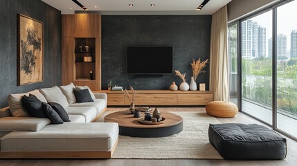 Modern living room with sectional sofa, wooden accents, and city view.