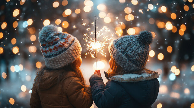 Kids holding a lit sparkler, celebrating New Year’s Eve.
