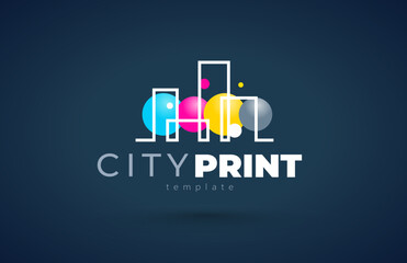 Logo City Print СMYK Printing theme. Silhouette Buildings lines and circles style. Template design vector. Black background.