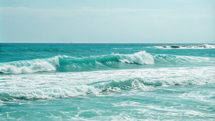 Fototapeta premium Abstract turquoise background with ocean waves breaking in the distance over a calm sea, wave movement, abstract patterns