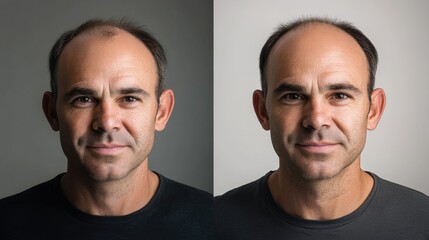 A man's before and after hair transplant, showcasing the results.