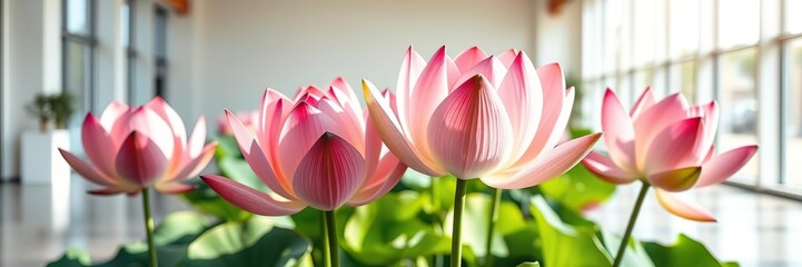 Fototapeta premium A stunning close-up of fully bloomed lotus flowers in a sunny and spacious room, sunny room decor, bright lighting, elegant blooms