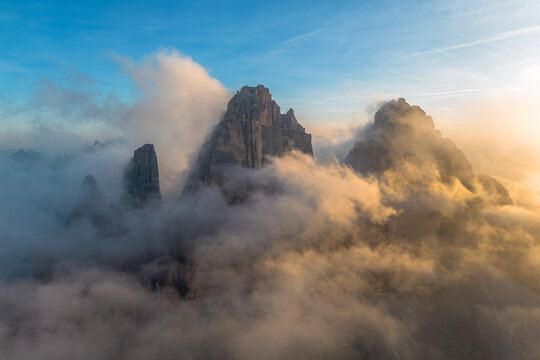 Tre Cime from sky with clouds
