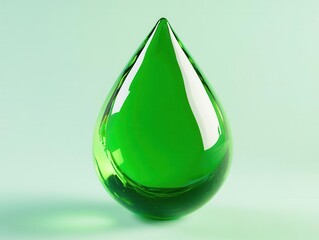 realistic 3d rendering of a vibrant green liquid water drop, suspended in mid-air, capturing light reflections and colors that evoke freshness and purity