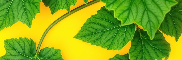 Obraz premium A close-up of green ivy gourd leaves with intricate veins on a yellow background, showcasing the leaf's texture and color saturation, leaf details, botanical, greenery