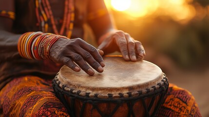 Close up of african man of a tribe playing djembe drum during sunset in africa