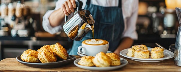 A barista pours coffee artfully into a cup beside freshly baked scones, showcasing a delightful cafe experience.