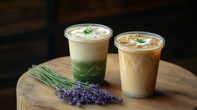 Iced matcha and coffee drinks with lavender on wooden table