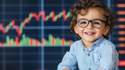 Smiling child trader on stock market data background with copy space
