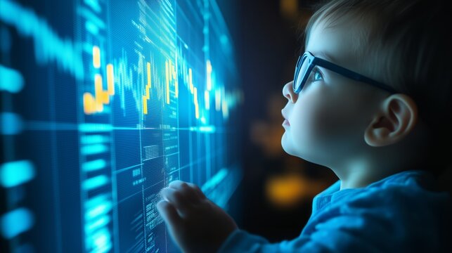 Smart toddler wearing glasses interacting with futuristic holographic interface displaying stock market data and code